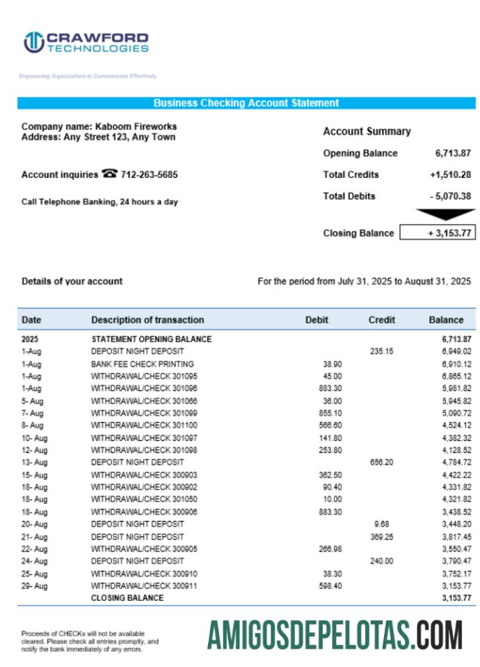 Crawford Technologies Business Firm Extrato de conta Word Snd formato PDF